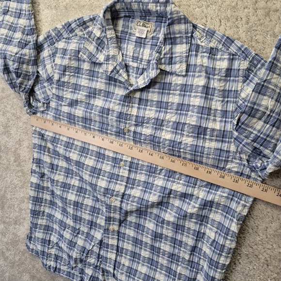 LL Bean Shirt Mens Medium Seersucker Plaid Blue Performance Coastal Beach Casual - Picture 5 of 8
